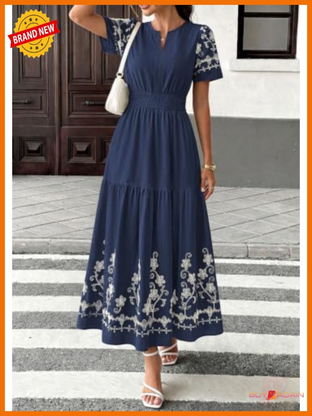 Floral Embroidered A-Line Maxi Dress with Pockets Short Sleeve V-Neck - Picture 2 of 6